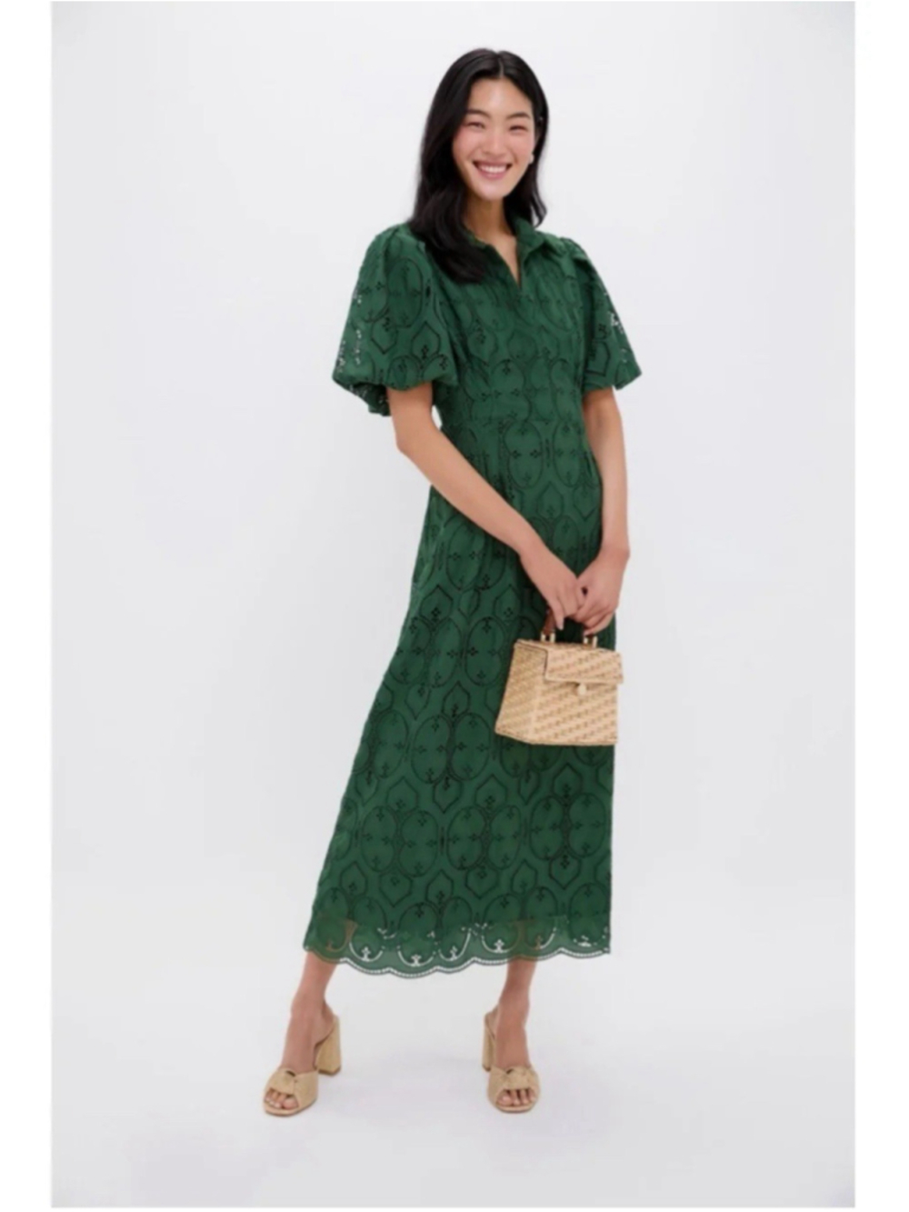 Tuckernuck Olive Eyelet Delaney Dress Puff Sleeves Eyelet Collar Pocket Feminine